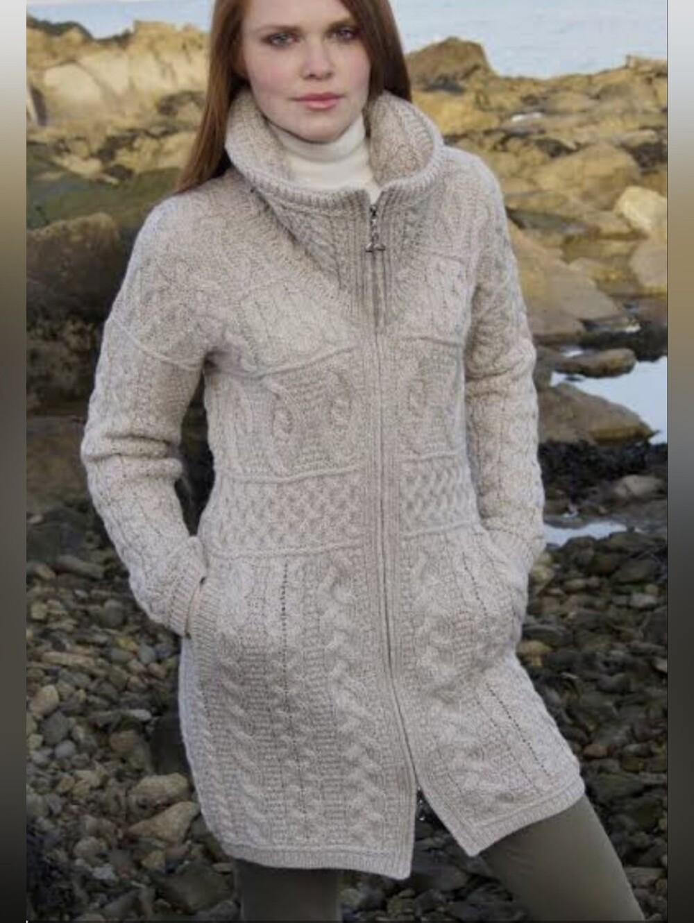 Aran Crafts Double Collar Cardigan Coat Beige Womens M Cable Knit Merino Wool
